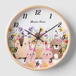 Horloge murale Bébés Animaux Mignons et Fleurs Sau
