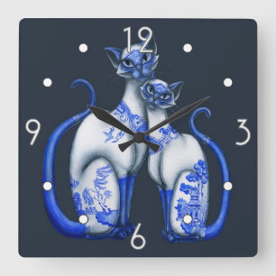 Horloge murale bleue de chats siamois de saule