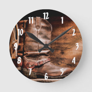 Horloge murale Boots de cowboy Barre Bois rustique