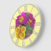 Horloge murale botanique fine Primula jaune et vio (Angle)