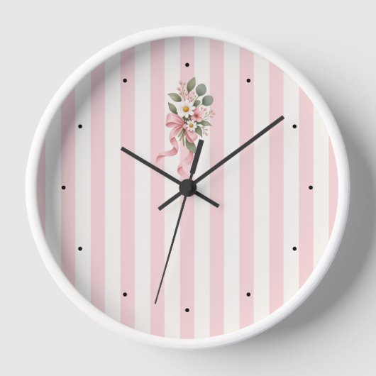 Horloge murale botanique florale rayée rose (Recto)