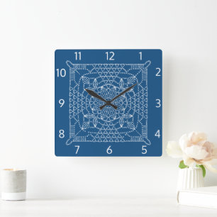 Horloge murale Carré classique en crochet bleu