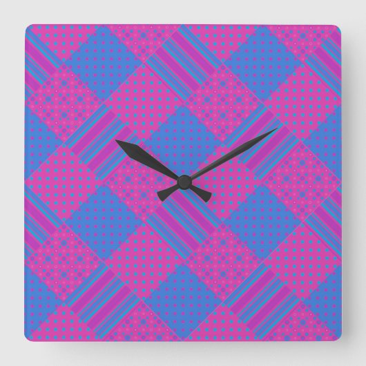 Horloge murale carré : Magenta, Faux-Patchwork ble (Recto)