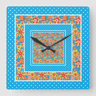 Horloge murale carré, Orange Floral, Pois Bleu
