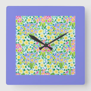 Horloge murale carré, Primroses printanières, Bleu
