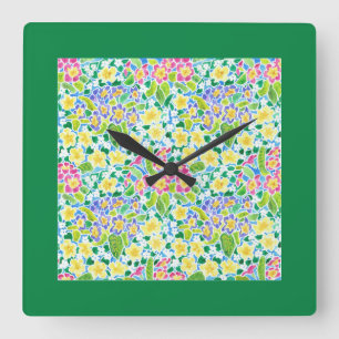 Horloge murale carré, Primroses printanières, Vert
