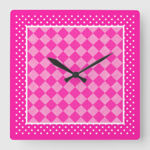 Horloge murale carré, Rose bonbon, Pois