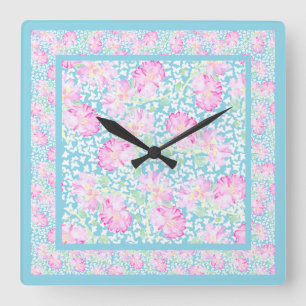 Horloge murale carré, Roses roses, Papillons blanc