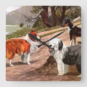Horloge murale Carré vintage Collies peintes