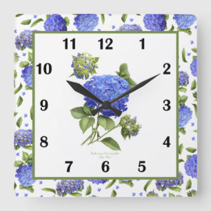 Horloge murale carrée en art botanique d'Hortensia
