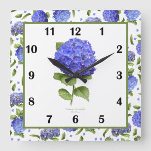 Horloge murale carrée en art botanique d'hortensia