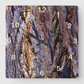 Horloge murale carrée en écorce d'arbre en bois br