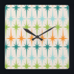 Horloge murale carrée géométrique vintage de<br><div class="desc">Cru. Geometrics. Starbursts. Si vous aimez un quelconque de ces mots, cette rétro horloge murale géométrique vintage de Starbursts est pour vous. Caractéristiques de conception ce modernes de la moitié du siècle un arrière - plan crème avec des rangées de turquoise, de vert de chaux, d'orange, et de starbursts turquoises....</div>