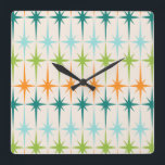 Horloge murale carrée géométrique vintage de<br><div class="desc">Cru. Geometrics. Starbursts. Si vous aimez un quelconque de ces mots, cette rétro horloge murale géométrique vintage de Starbursts est pour vous. Caractéristiques de conception ce modernes de la moitié du siècle un arrière - plan crème avec des rangées de turquoise, de vert de chaux, d'orange, et de starbursts turquoises....</div>