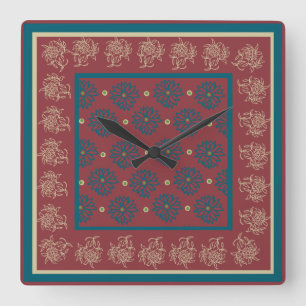 Horloge murale carrée, rouge foncé, floral bleu