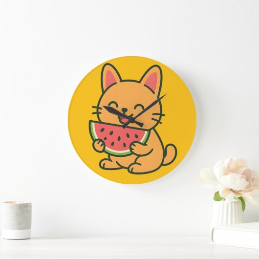 Horloge murale chat orange mignon mangeant pastèqu (Maison)