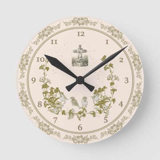 Horloge murale chrétienne avec oiseaux, Fleurs, Cr (Recto)