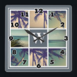 Horloge murale collage photo avec monogramme de no<br><div class="desc">Horloge murale collage photo personnalisée avec le nom exclusif monogramme. Design élégant de mur carré avec bordure classe et nom lettre initiale au centre. Couleur arrière - plan personnalisable par exemple gris. L'exemple modèle présente des feuilles de palmiers tropicaux et des scènes côtières exotiques. Téléchargez plusieurs images et personnalisez le...</div>