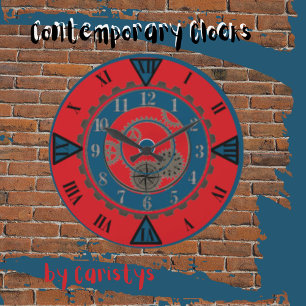 Horloge murale contemporaine rouge et bleu Steampu