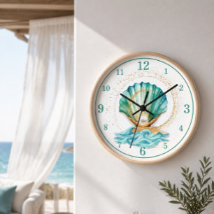 Horloge murale coquillage sarcelle et perle