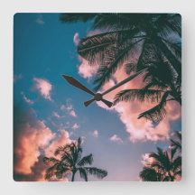 Horloge murale coucher de soleil palmier tropical