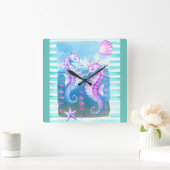 Horloge murale couleur aquarelle hippocampe et coq (Maison)