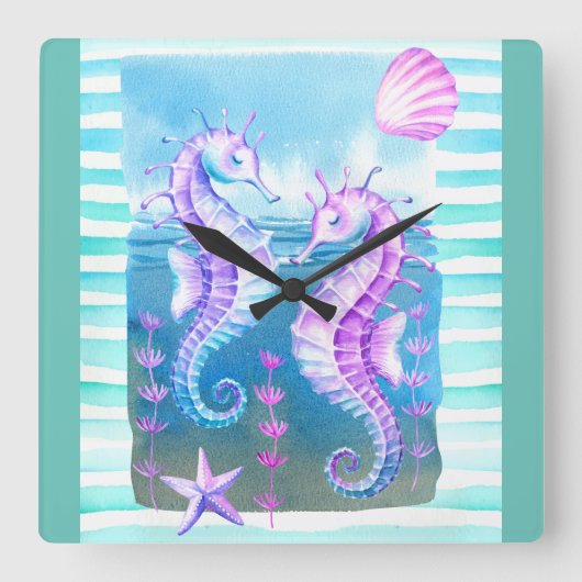 Horloge murale couleur aquarelle hippocampe et coq (Recto)