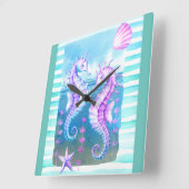 Horloge murale couleur aquarelle hippocampe et coq (Angle)