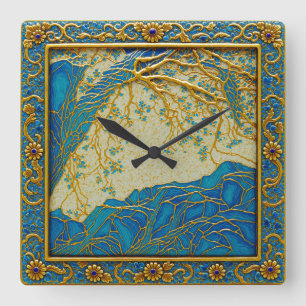 Horloge murale couleurs or turquoise lapis Alpes f