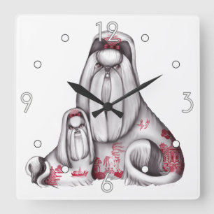 Horloge murale de Shih Tzus de saule rouge