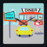 Horloge murale des années 1950<br><div class="desc">Servez quelque chose de spécial avec cette horloge murale des années 50. Le dessin animé est composé d'un bâtiment en brique rouge avec des fenêtres bleues, de portes doubles grises et d'un panneau blanc qui dit "Diner" perché sur le toit. Dans le parking, un deuxième panneau est sur un poteau....</div>