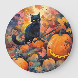 Horloge murale effrayante Halloween chat noir avec