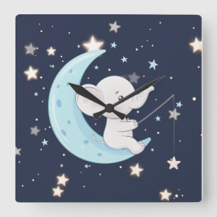 Horloge murale éléphant bébé pêchant des étoiles