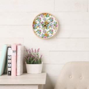 Horloge murale en bois à motif de fleurs sauvages