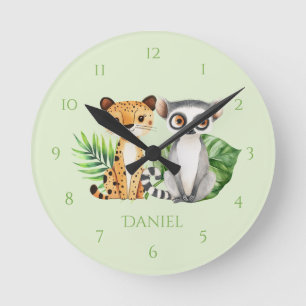 Horloge murale enfant Safari vert Léopard & Singe
