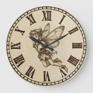 Horloge murale fée   Fantaisie pyrographiée sur bo