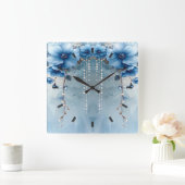 Horloge murale Fleurs bleues et perles (Maison)