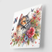 Horloge murale florale chat calico (Angle)