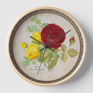 Horloge murale florale Rose Rouge Jaune Vintage