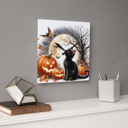 Horloge murale Halloween Jack O' Lantern et chat n (Bureau)