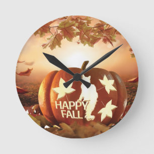 Horloge murale Happy Fall Pumpkin avec chat et feu
