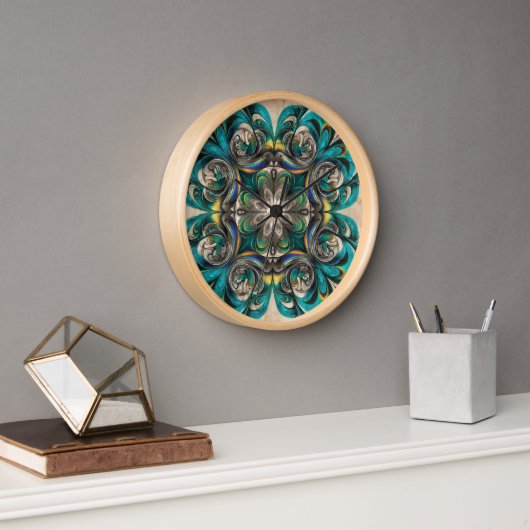 Horloge murale mandala sarcelle et or (Bureau)