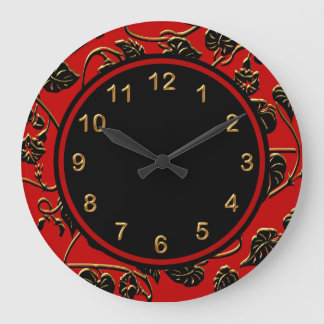 Horloge murale noir rouge or trim damas floral