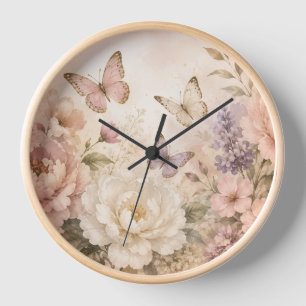 Horloge murale papillon et fleurs à l'aquarelle