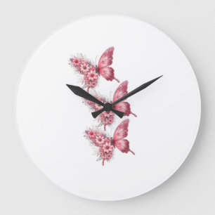 Horloge Murale Papillons Roses & Fleurs – Design F