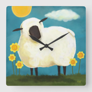 Horloge murale pelucheuse de moutons blancs et de