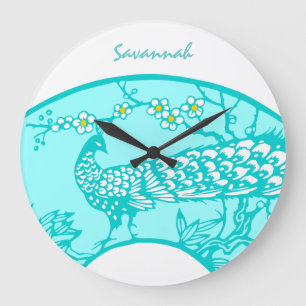 Horloge murale personnalisée oiseau paon Aqua