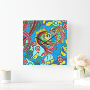 Horloge murale poissons et fleurs colorés