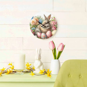 Horloge murale ronde de Pâques vintage lapin