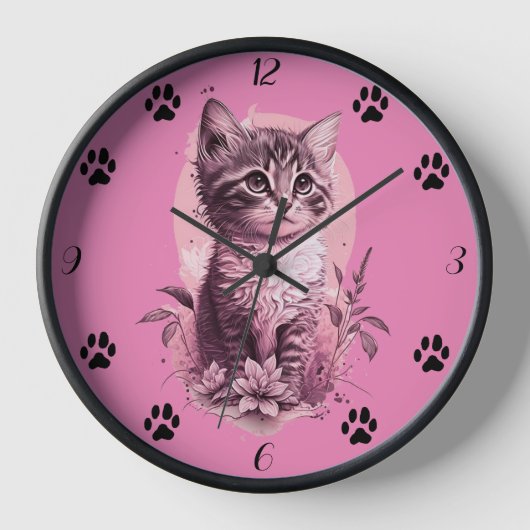Horloge murale rose avec empreinte de patte de cha (Recto)
